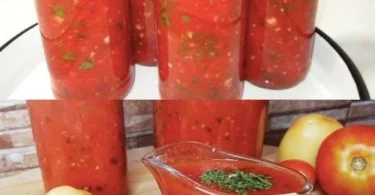 Hausgemachte Tomatensauce auf einem Teller mit frischen Kräutern garniert