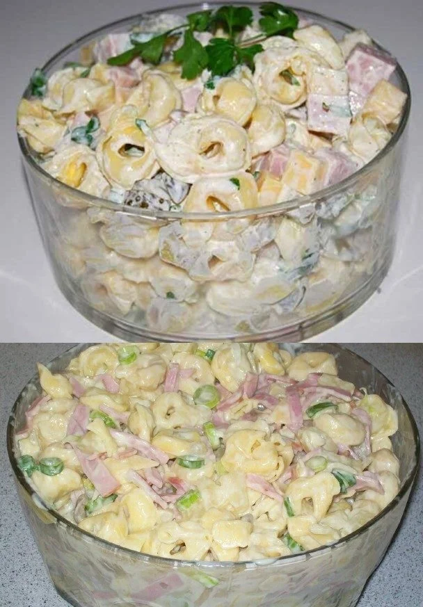 Leckere Tortellinisalat mit frischem Gemüse in einer Schüssel