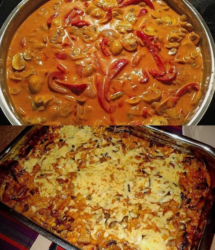 Überbackenes Schnitzel mit Pilzen und Paprika auf einem Teller