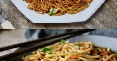 Würzige chinesische gebratene Nudeln mit Hähnchen, Ei und frischem Gemüse