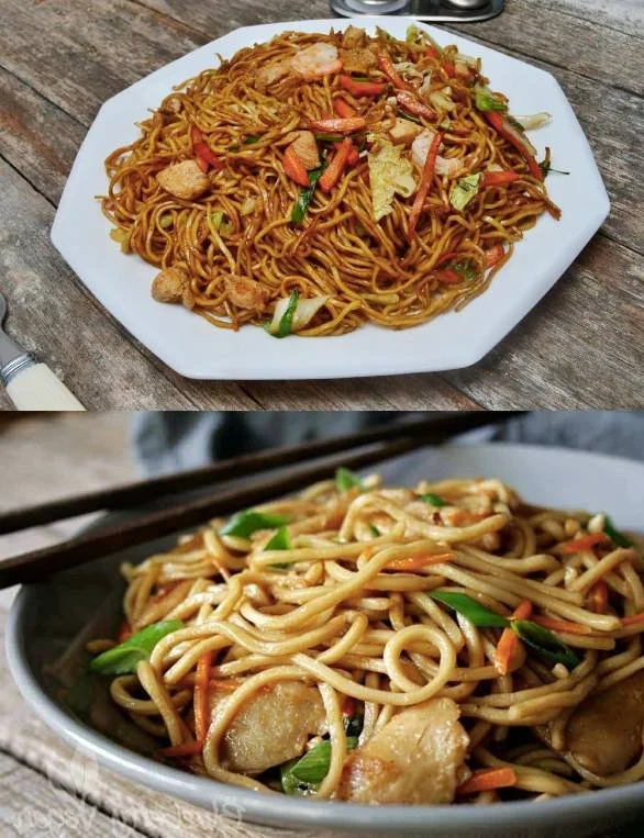 Würzige chinesische gebratene Nudeln mit Hähnchen, Ei und Gemüse