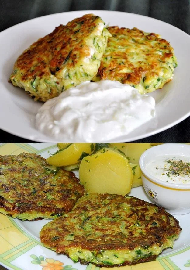 Zucchini Fritter mit Feta und Tzatziki auf einem Teller angerichtet