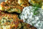 Zucchinipuffer serviert mit Knoblauch-Tzatziki auf einem Teller