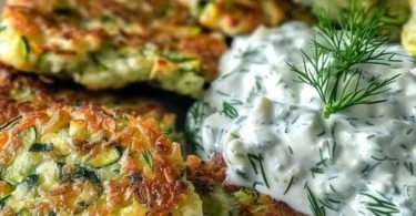 Zucchinipuffer serviert mit Knoblauch-Tzatziki auf einem Teller