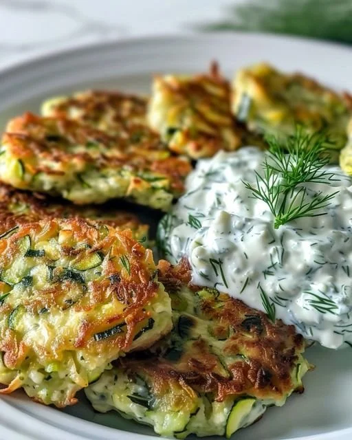 Zucchinipuffer serviert mit Knoblauch-Tzatziki auf einem Teller