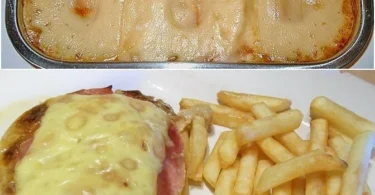 Ananas-Schinken-Schnitzel mit Käse auf einem Teller serviert.