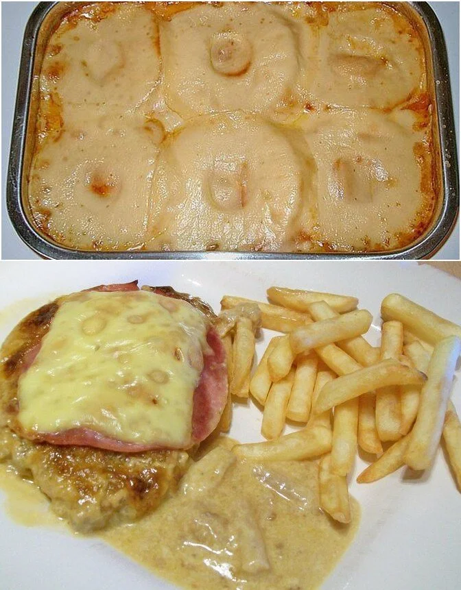 Ananas-Schinken-Schnitzel mit Käse auf einem Teller serviert.
