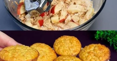 Apfel Haferflocken Muffins auf einem Holzbrett serviert