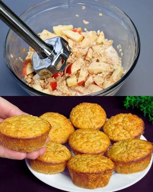 Apfel Haferflocken Muffins auf einem Holzbrett serviert