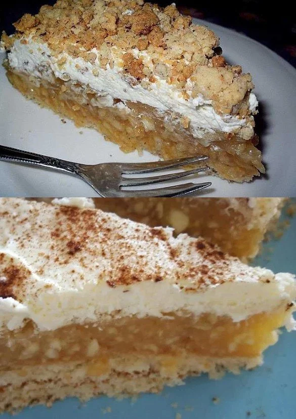 Apfel-Nuss-Kuchen mit cremigem Vanillepudding auf einem Teller