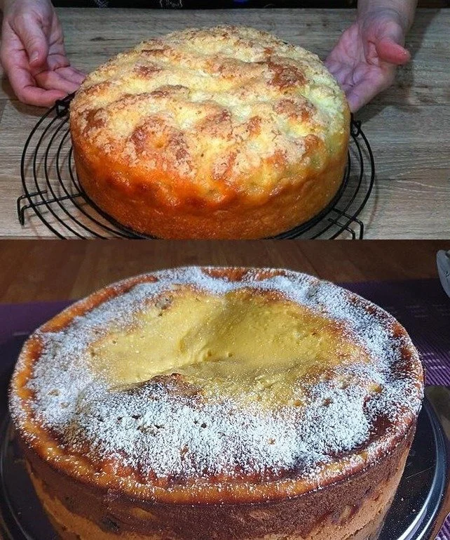 Apfel-Sauerrahm-Kuchen auf einem Teller, dekoriert mit frischen Äpfeln und Sahne.
