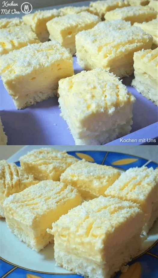 Blitz Kokosnusskuchen mit Vanillepudding auf einem Teller serviert