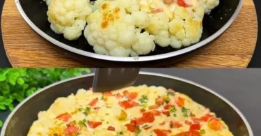 Leckere Blumenkohl-Eier-Pfanne mit frischen Zutaten serviert.