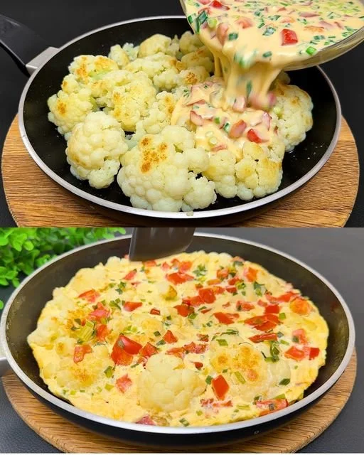 Leckere Blumenkohl-Eier-Pfanne mit frischen Zutaten serviert.