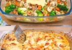 Leckerer Brokkoli Kartoffel Pilz Auflauf frisch aus dem Ofen