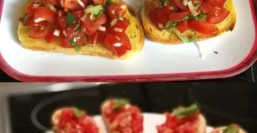 Bruschetta mit Tomaten und Knoblauch auf geröstetem Brot