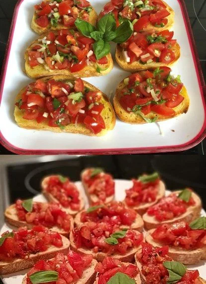 Bruschetta mit Tomaten und Knoblauch auf geröstetem Brot