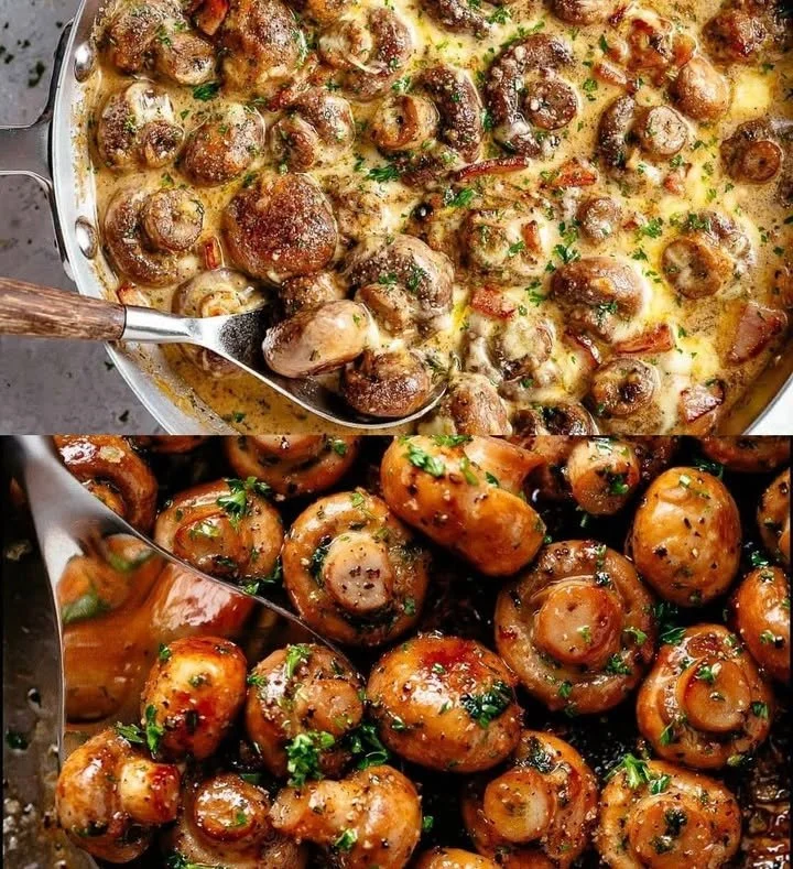 Champignons in Knoblauch-Sahnesauce auf einem Teller serviert