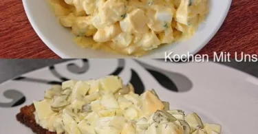 Eiersalat mit Sauce auf einem Teller, perfekt für eine gesunde Mahlzeit.