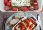 Einfach gebackener Feta mit Kräutern und Tomaten auf einem Teller.