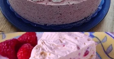 Eiscreme-Kuchen mit frischen Früchten dekoriert und serviert.