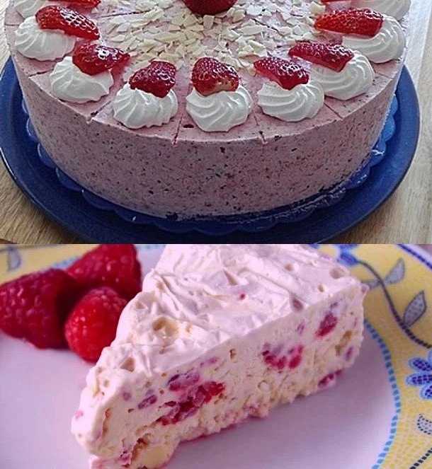 Eiscreme-Kuchen mit frischen Früchten dekoriert und serviert.