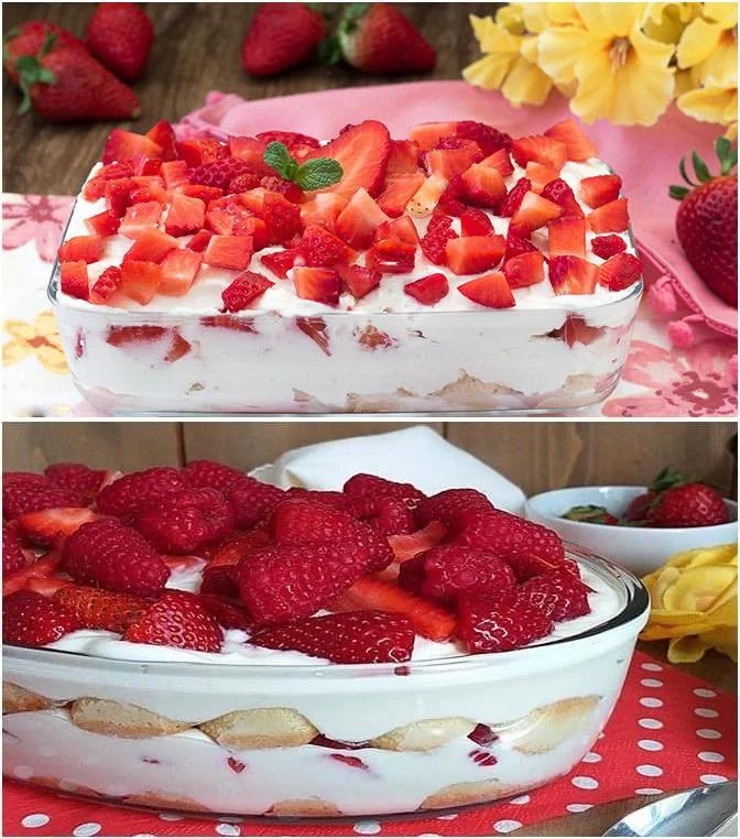 Erdbeer-Tiramisu mit frischen Erdbeeren und Sahne in einer eleganten Dessertschale.