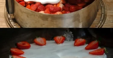 Erdbeerkuchen mit Fanta auf einem Tisch serviert