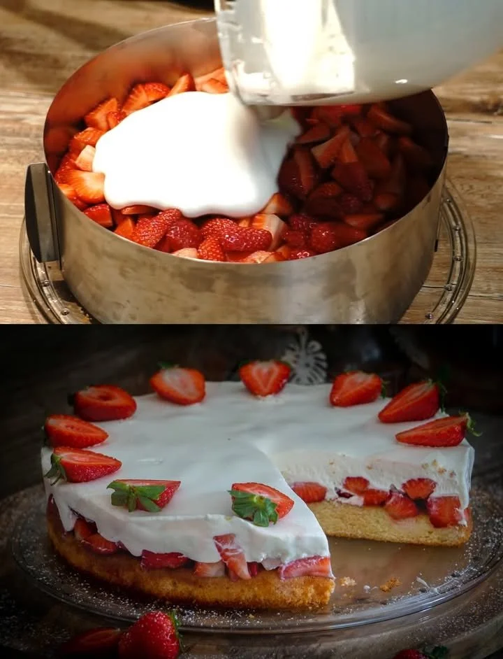 Erdbeerkuchen mit Fanta auf einem Tisch serviert