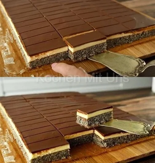 Fantastischer Mohnkuchen mit Vanillecreme auf einem Teller