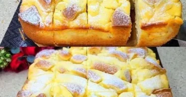 Fantastischer Apfelkuchen mit Vanillepudding, frisch gebacken und serviert.