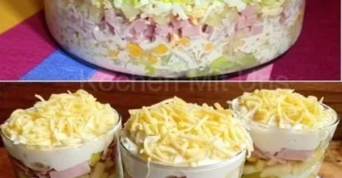 Leckerer Übernacht-Salat mit frischen Zutaten in einer Schüssel