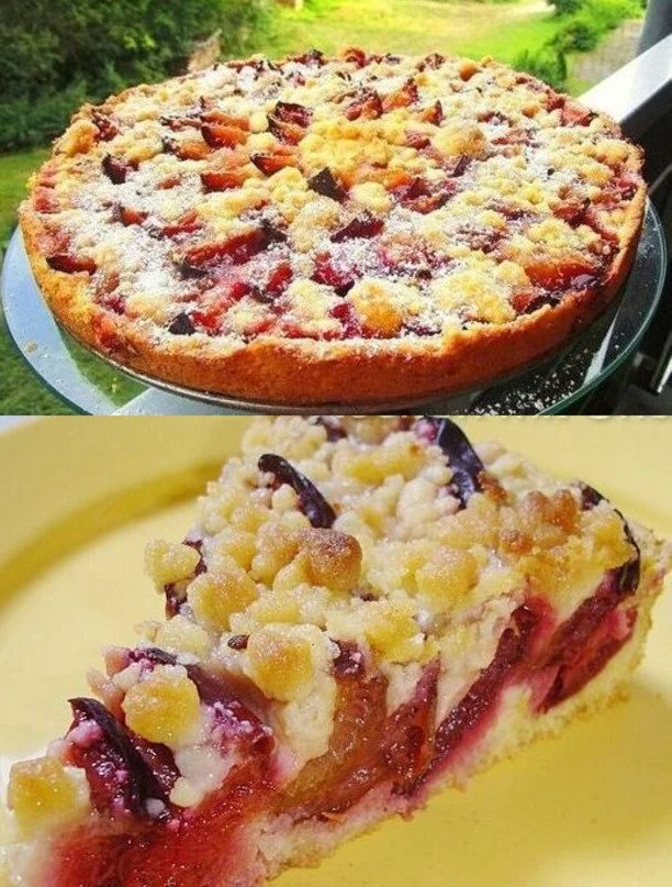 Fantastischer Zimtstreuselkuchen mit Pudding auf einem Teller serviert