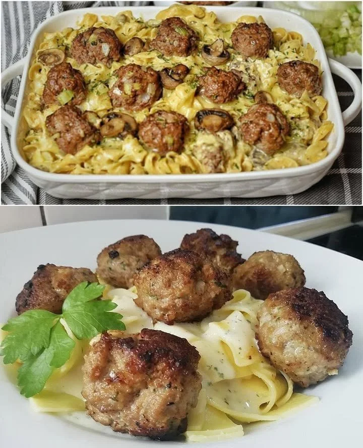 Fleischbällchen mit Tagliatelle und Steinpilzsauce auf einem Teller angerichtet