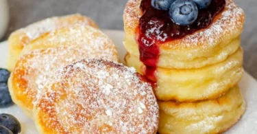 Fluffige Low Carb Pancakes auf einem Teller mit frischem Obst