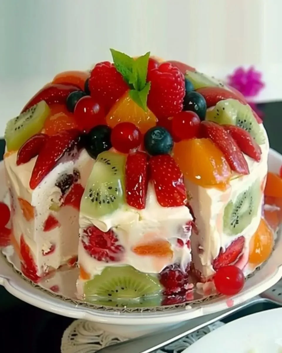 Fruchtige Sahnetorte mit frischen Früchten und Sahne
