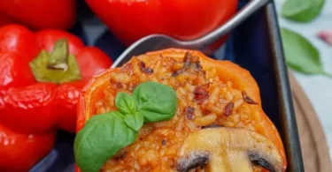 Gefüllte Paprika mit Tomatenreis auf einem Teller, vegetarisches Gericht.