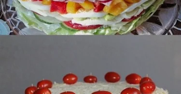 Gemischter Salat-Kuchen mit frischem Gemüse und cremiger Füllung
