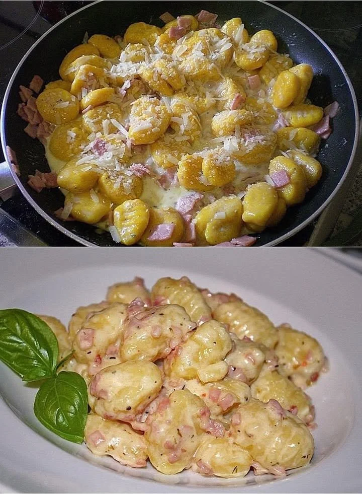 Gnocchi mit Käse Knoblauch Schinken Soße auf einem Teller serviert