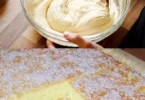 Griechischer Joghurtkuchen ohne Mehl auf einem Teller serviert.