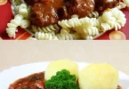 Schmackhaftes Gulasch in einer Schüssel mit frischen Zutaten.