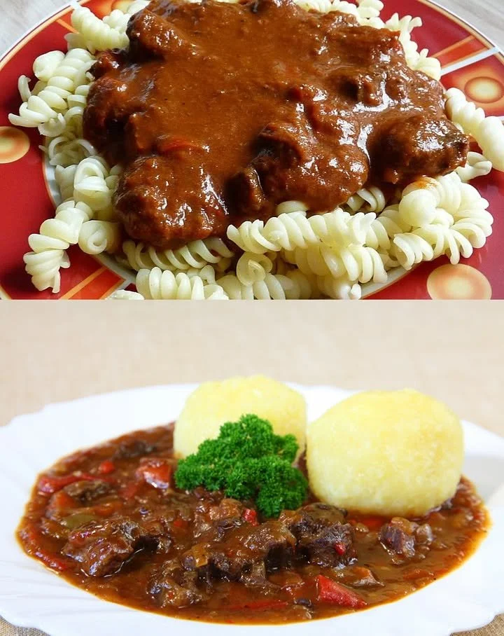Schmackhaftes Gulasch in einer Schüssel mit frischen Zutaten.