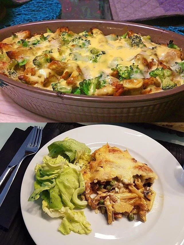 Gyros Auflauf mit Knoblauch und Sauce Hollandaise auf einem Teller