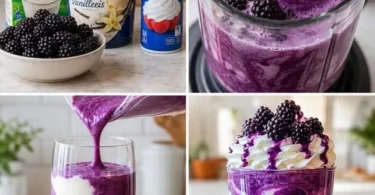 Leckere Heidelbeer Latte mit frischen Heidelbeeren und cremigem Milchschäumchen.