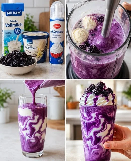 Leckere Heidelbeer Latte mit frischen Heidelbeeren und cremigem Milchschäumchen.