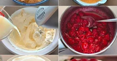 Himbeer-Käsekuchen mit natürlichem Joghurt auf einem Teller.
