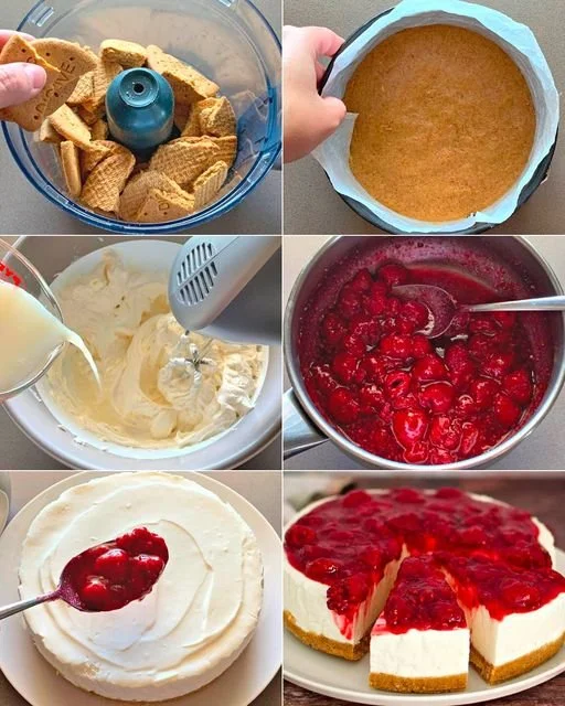 Himbeer-Käsekuchen mit natürlichem Joghurt auf einem Teller.