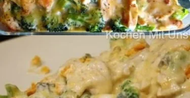 Hühnchen mit Brokkoli und Käse auf einem Teller serviert