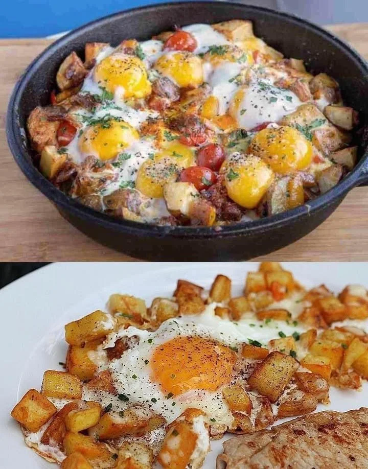 Kartoffel-Omelette mit Käse und Zwiebeln auf einem Teller serviert