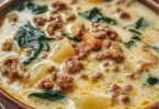 Käsesuppe mit Hackfleisch in einer Schüssel serviert